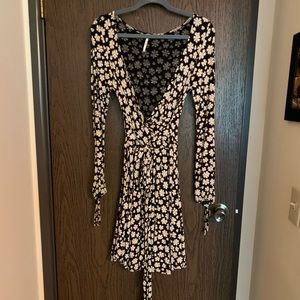 Free People LS Black Wrap Dress w Floral Pattern